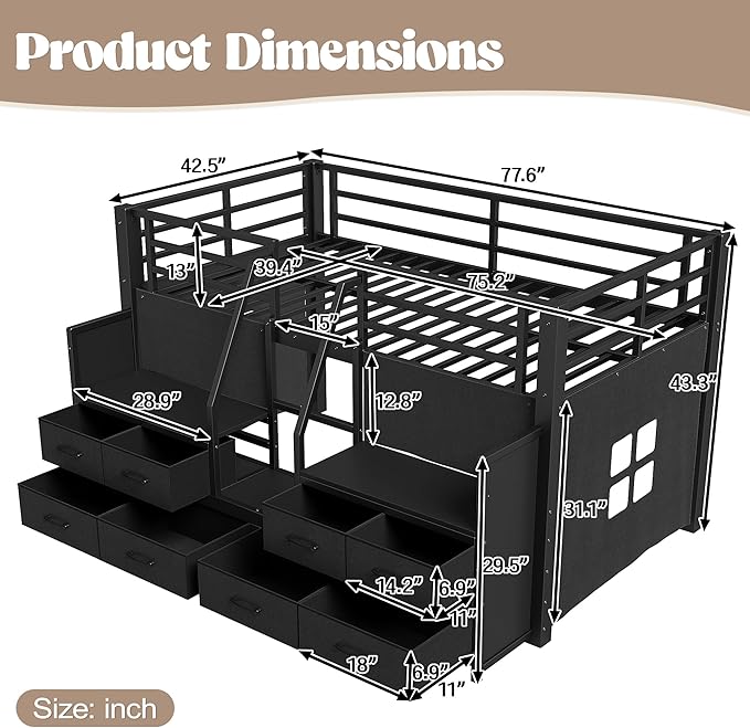 Bellemave Twin Size Loft Bed with 8 Non-Woven Fabric Storage Drawers and Bookshelf, Low Loft Bed with Lights and Private Play Curtain, Twin Loft Beds with High Rails, Noise Reduced Black
