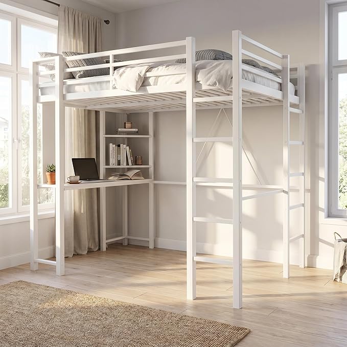SUNLEI Loft Bed Full Size with Desk and Safety Guard Rail, Full Size Metal Bed Frame with Double Layer Shelves for Storage, 2 Security Ladders No Box Spring Needed, Snowy White