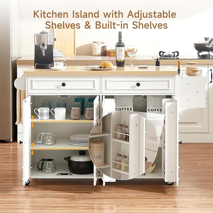 ONBRILL 58" Mobile Kitchen Island, Kitchen Island Cart with Power Outlet, Island Table for Kitchen, Home Bar Carts with Storage, Kitchen Rolling Island with Spice Rack & Towel Rack & Knife Holder