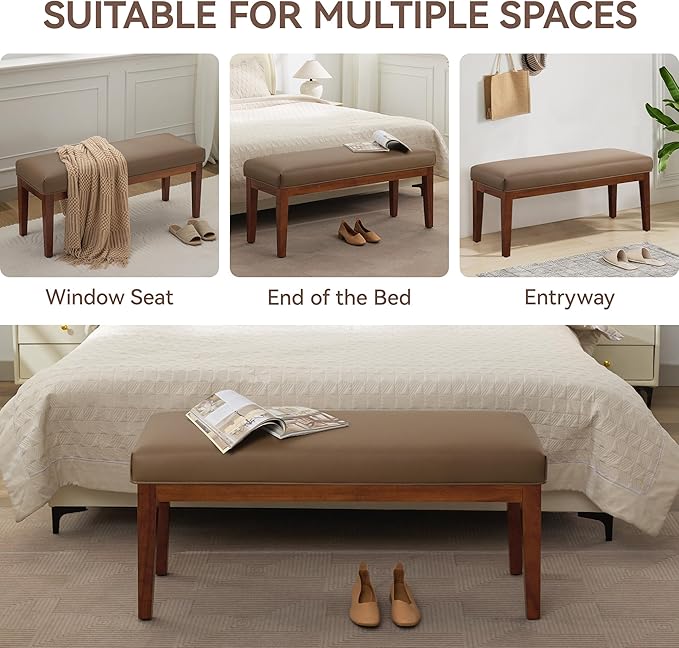 WUTUTUEE 43.5'' Faux Leather Bedroom Bench, Upholstered End of Bed Bench, Padded Vintage Dining Bench, Entryway Bench with Solid Wood Legs, Kitchen, Living Room, Hallway, Brown