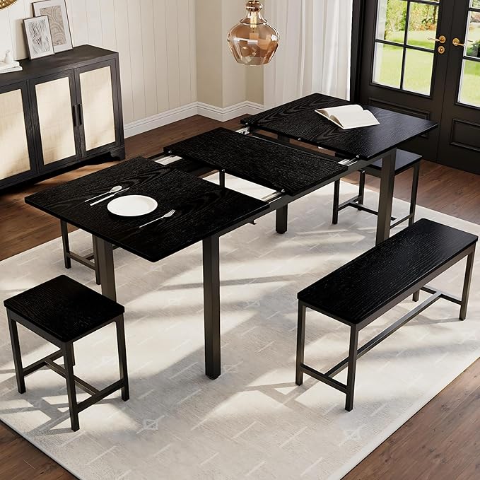 Garvee 5 PCs Extendable Dining Table Set for 4-8 People, 63 in Kitchen Table with 2 Benches & 2 Stools, Modern Dining Room Furniture, Easy Assembly Metal Frame