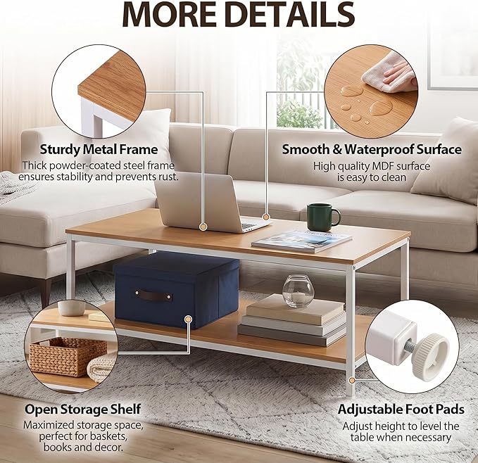 SUPER DEAL 2-Tier Coffee Table with Storage Shelf for Small Apartment Living Room, Rectangle Wood and Stable Metal TV Stand Side End Table, Natural Wood