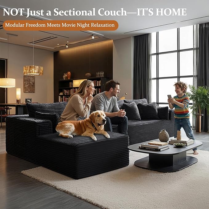 138" Oversized Cloud Sectional Couch, Comfort L Shaped Boneless Couch for Living Room, Extra Deep Seats No Assembly, Minimalist Modular Sofa, Corduroy (Black, 3 Seater+Left Facing Chaise)