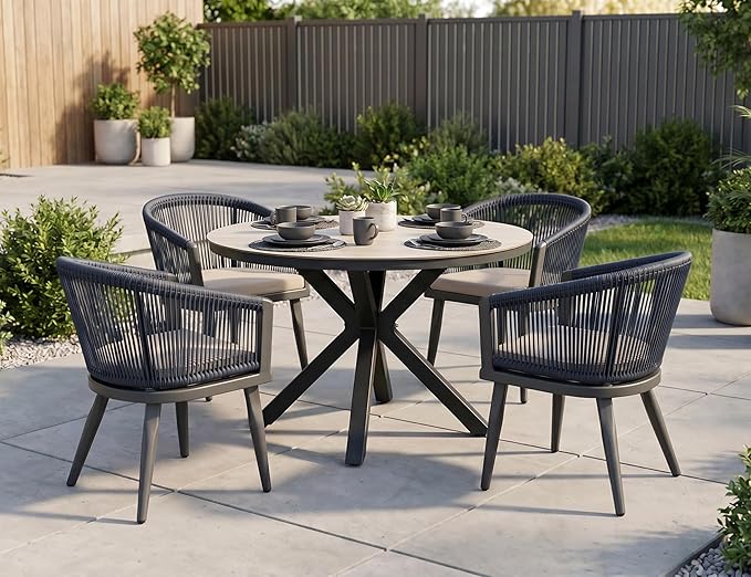 PURPLE LEAF 5-Piece Oversize Patio Dining Set with Cushions Round Table and Chairs Outdoor Furniture All-Weather Wicker & Gray-Finish Aluminum Frame for Garden Deck Backyard Kitchen