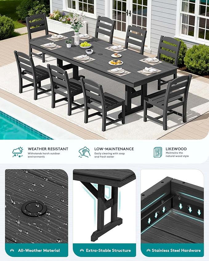 SERWALL 9 Piece Outdoor Dining Set, 84" HDPE Outdoor Table and Armless Chairs Set for 8，All Weather Patio Furniture Set with Umbrella Hole for Backyard, Garden, Black