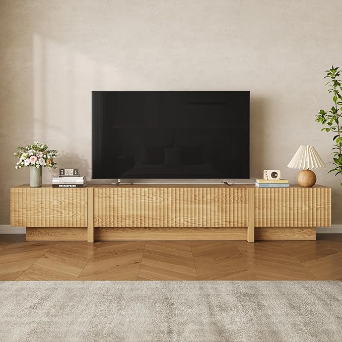 98” TV Stand for Living Room, Modern Entertainment Center with Drawers & Storage Compartments, Large TV Console Fits 55”-95” TVs, Square Top with Grooved Drawer Fronts & Stable Base,Natural