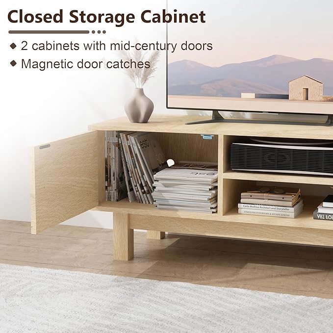 YOSHOOT Mid Century TV Stand for 55 inch TVs, Modern Entertainment Center with Storage Cabinets, Solid Wood Media Console with Open Shelves for Living Room & Bedroom, Natural