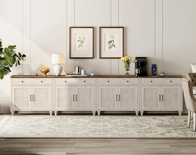 WAMPAT Buffet Cabinet with 8 Doors and 4 Drawers, Modern Coffee Bar Table Wood Kitchen Storage Cabinets, Farmhouse Sideboard Credenza for Dining Room, Rustic White, 134 inch