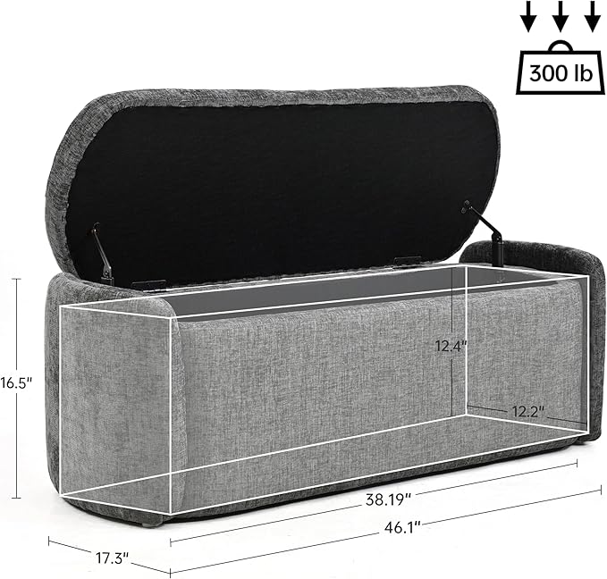 VKNOW 46" Oval Storage Ottoman Bench, Upholstered End of Bed Bench Ottomans Bench Foot Rest, Sherpa Storage Bench for Bedroom, Living Room and Hallway, Dark Grey
