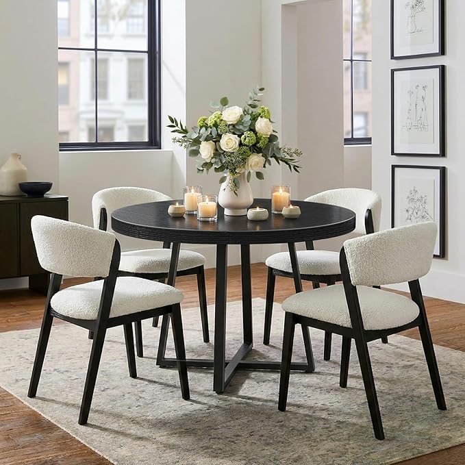 NUTIKAS 42 Inch Round Dining Table for 4, Modern Black Wood Grain Kitchen Table with Cross Metal Legs, Circular Industrial Dinner Table for Small Spaces, Breakfast Nook, Apartment, Office