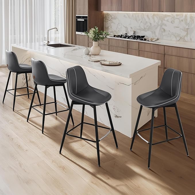 VASAGLE Bar Stools Set of 4, Counter Height Bar Stools with Back, Ergonomic Backrest, Synthetic Leather, Metal Legs, 24.8-Inch Tall Barstools for Kitchen Island Home Bar, Easy Assembly, Ink Black