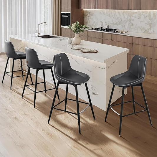 VASAGLE Bar Stools Set of 4, Counter Height Bar Stools with Back, Ergonomic Backrest, Synthetic Leather, Metal Legs, 24.8-Inch Tall Barstools for Kitchen Island Home Bar, Easy Assembly, Ink Black