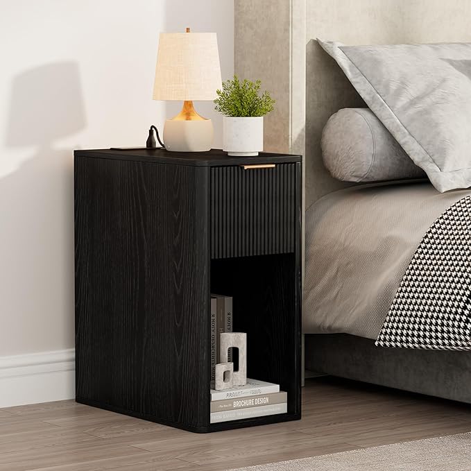 Homleke Narrow End Table with Fluted Drawer and Charging Station, Small Nightstand with USB Ports & Outlets, Bedside Table for Bedroom or Living Room, Modern Accent Table, Black