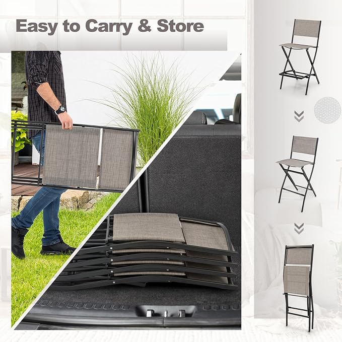 Giantex Folding Patio Bar Chairs Set of 4, Outdoor Counter Height Bar Stools with Footrest & Back, All-Weather Resistant, Metal Frame, for Porch Deck Lawn Garden, Light Brown