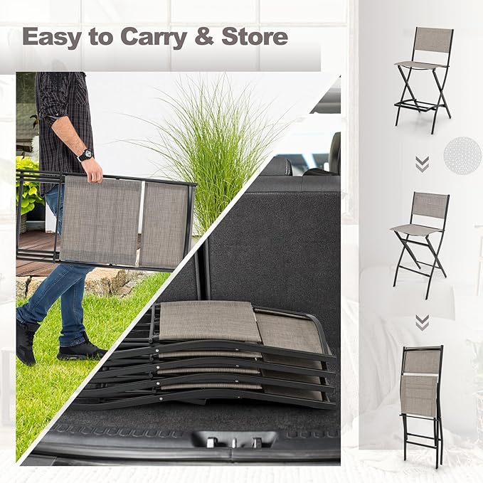 Giantex Folding Patio Bar Chairs Set of 2, Outdoor Counter Height Bar Stools with Footrest & Back, All-Weather Resistant, Metal Frame, for Porch Deck Lawn Garden, Light Brown