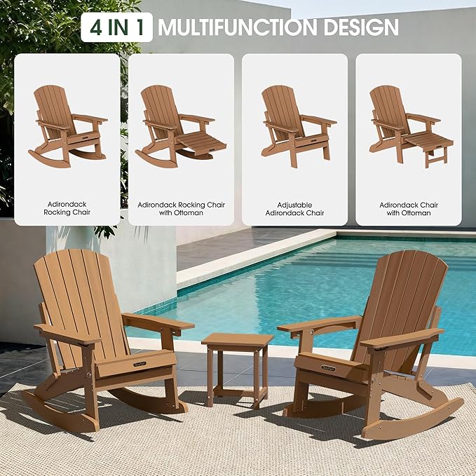 Adjustable Adirondack Rocking Chair Set of 4 with Retractable Ottoman Footrest, 4-in-1 Foldable HDPE Outdoor Rocker, Weather Resistant Adirondack Chair for Porch, Garden & Poolside, Teak