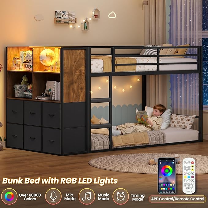 BTHFST Twin Over Twin Bunk Bed, Twin Bunk Beds with Storage & LED Lights, Metal Space Saving Low Bunk Bed with Safety Ladder and Guardrail