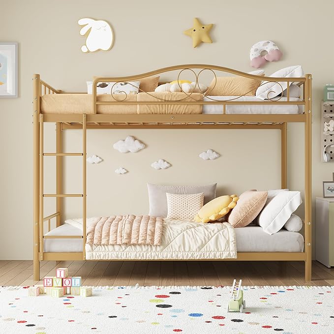 IDEALHOUSE Bunk Bed Twin Over Twin with Ladder & Full Safety Guardrail, Heavy Duty Metal Twin Over Twin Bunk Bed 400 Lbs Load Capacity, Space-Saving, Noise Free, No Box Spring Needed, Easy Assembly, G