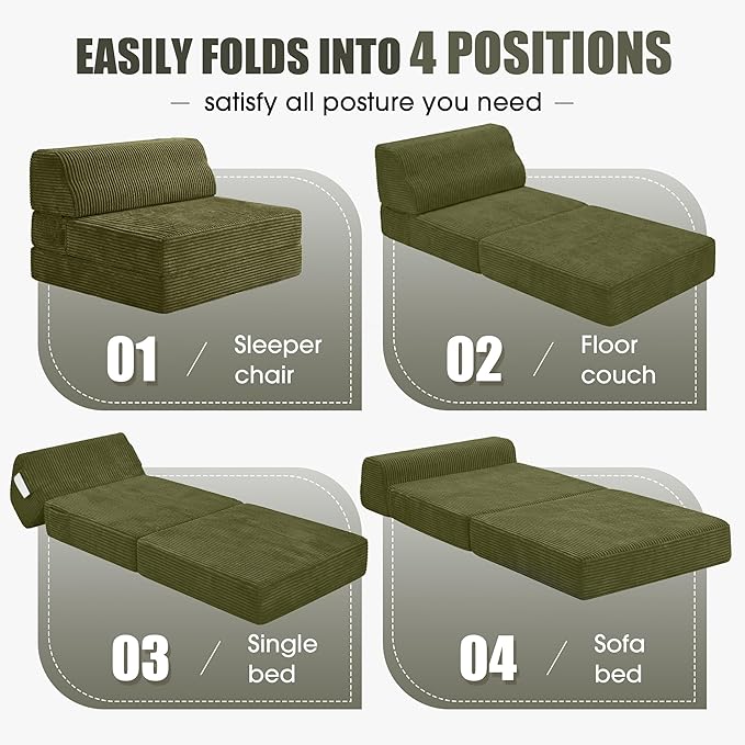 Kasunpul Folding Sofa Bed with Pillow, Memory Foam Fold Out Chair Bed, Convertible Sleeper Chair with Washable Cover, Futon Floor Couch for Living Room/Dorm/Guest Use/Home Office/Apartment, Green