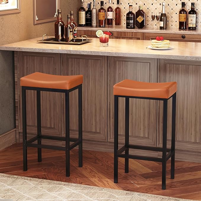 HOOBRO Bar Stools, Set of 2 Bar Chairs, Counter Height Stools, Saddle Barstools with Curved Surface, 24.8 Inches, 2.4" Thick Upholstery, for Kitchen, Dining Room, Cafe Orange-Brown and Black CB10BY01