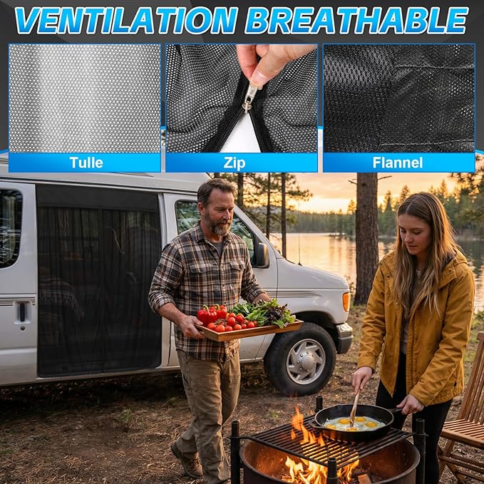 Magnetic Van Screen for Ford Econoline/Ford E-Series E-150 E-250 E-350 E450 1992-2005 - Mosquito Net with Zipper for Sliding Door - 60" H x 57" W