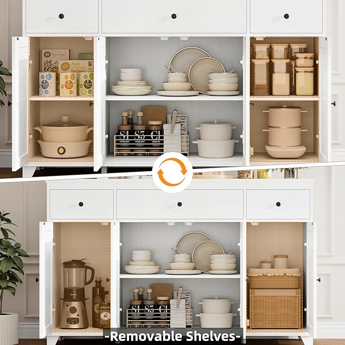 HIFIT 55" Large Kitchen Buffet Cabinet with Storage Drawers, Modern Sideboard Buffet Table Storage Cabinet with Doors and Shelves, Wood Coffee Bar Cabinet for Kitchen Dining Living Room, White