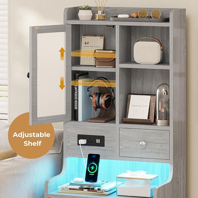 ADORNEVE Grey Nightstand Set of 2 with Charging Station,49.2" LED Night Stand for Bedroom,Tall Bedside Table with Bookshelf and Drawers,Side Tables Bedroom