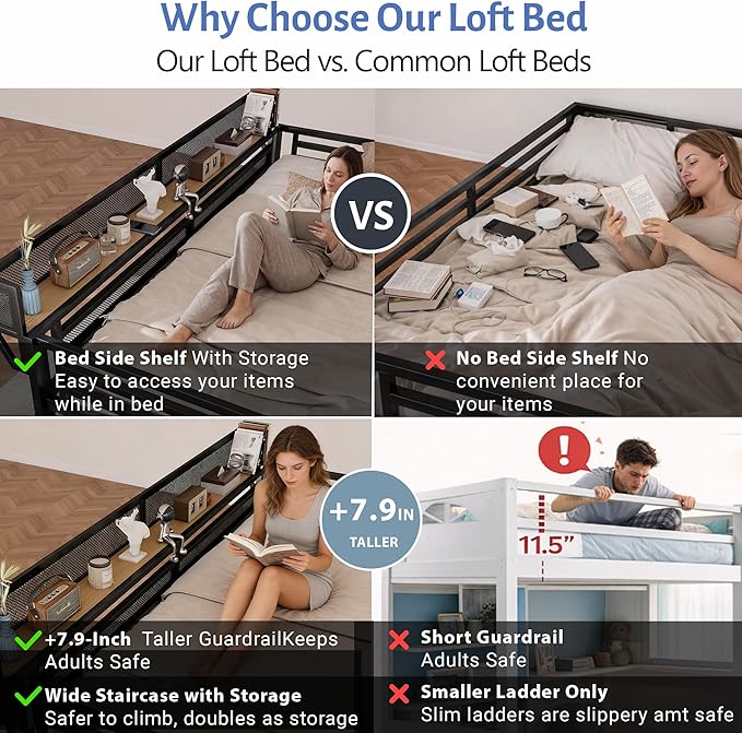 Mirightone Queen Size Loft Bed with Stairs and Storage, Metal Loft Bed Frame with Bedside Shelf and Large Under-Bed Space, Heavy-Duty Bed for Adults Teens and Kids, Convertible Staircase, Black
