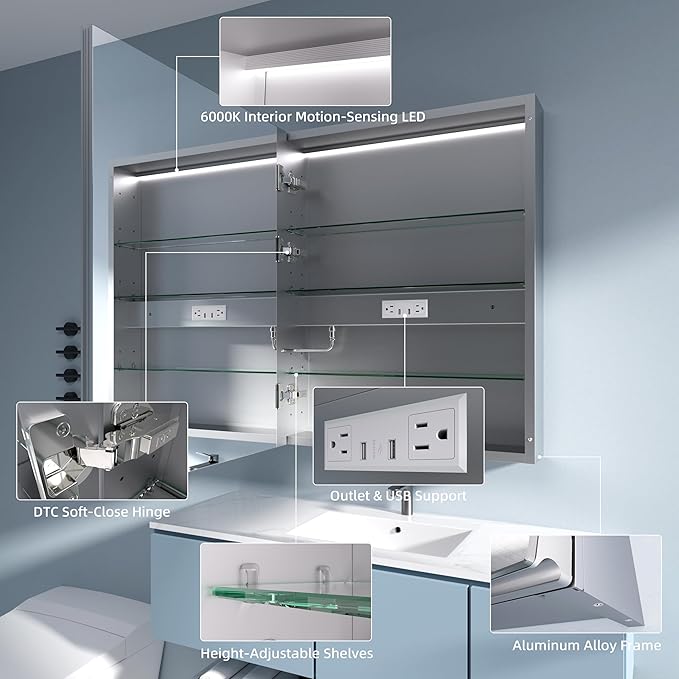 LED Medicine Cabinet Mirror, 24x30 Inch Bathroom Storage, Recessed/Wall Mount, Plug-in/Hardwired, 3 Color Dimmable Light, Anti-Fog, Time Temp Display, Left Hinge