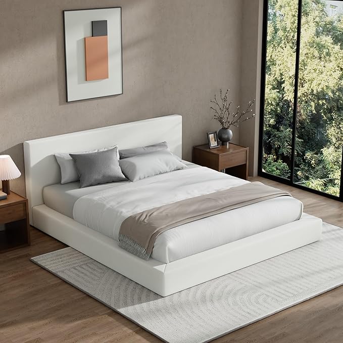 RECCI AirFrame King Size Bed Frame with Headboard, Cloud Upholstered Platform Bed Frame, 5 Inch Foam Cushioned, No Box Spring, Easy Assembly(Snow White)