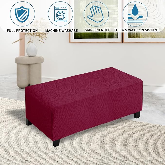 ZNSAYOTX 2026 Rectangle Ottoman Cover (L:45"-56") Super Stretch Soft Footrest Slipcover Form Fit, Universal Folding Foot Stool Covers with Non-Slip Elastic Band, Fashion Jacquard Texture, Wine Red