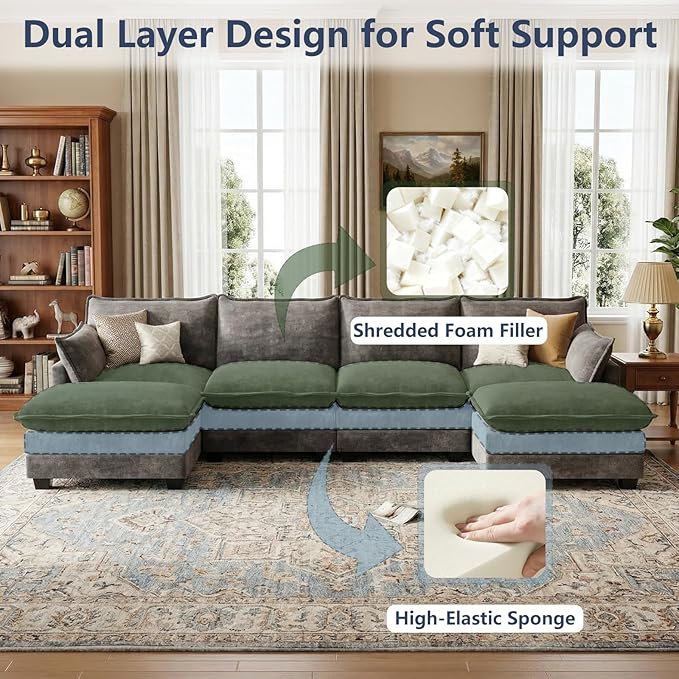 U Shaped Modular Sectional Sofa, Cloud Couch with Movable Ottoman, Comfy Chenille Sofa with Pillows for Living Room, Bedroom, Apartment, Dark Gray