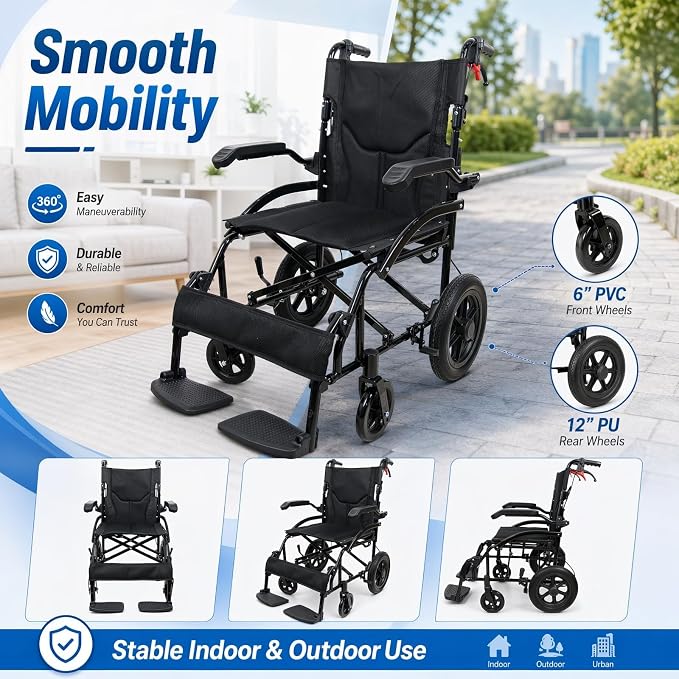 IDEALHOUSE Lightweight Foldable Transport Wheelchair for Adults, with Flip Back Armrests, Swing Away Footrests, 6” PVC Front & 12” PU Rear Wheels, Aluminum Frame, Ideal for Travel