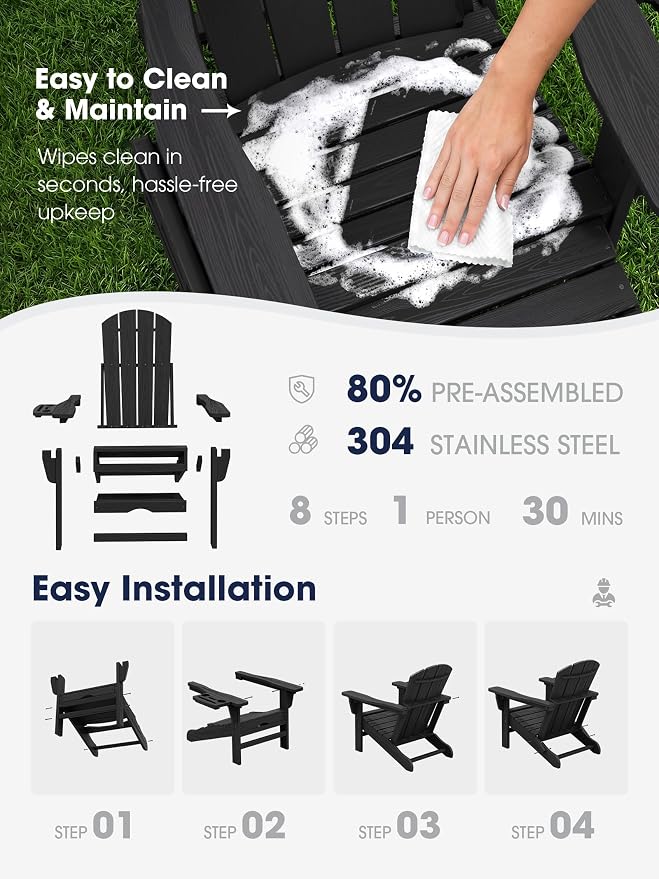 KINGYES Adjustable Folding Adirondack Chair with Footrest & 4-in-1 Multi-Functional Armrest Organizer Set of 2, HDPE Foldable Recliner Adirondack Chair with Pull-Out Ottoman, Black