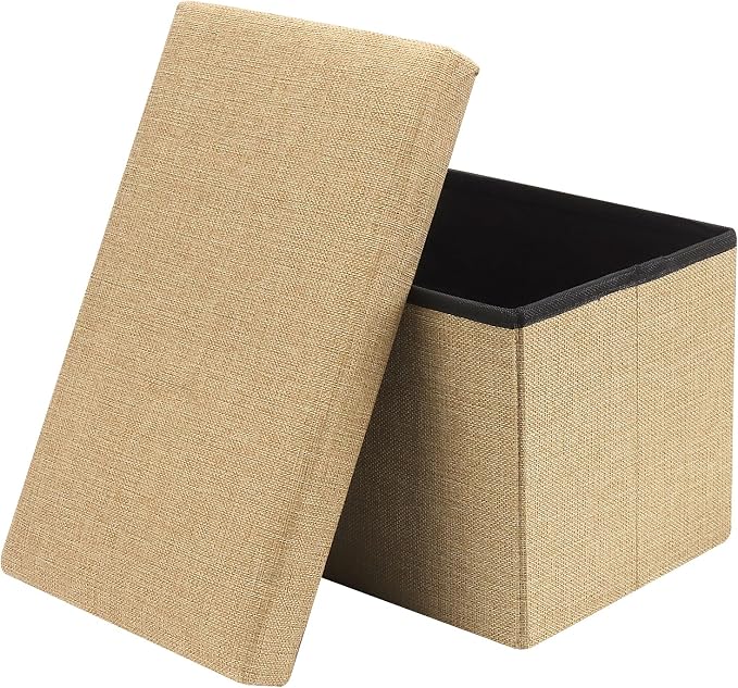 HOZEON 3 Pack 15.7 x 9.8 x 9.9 Inches Folding Storage Ottoman, Khaki Rectangle Footrest Seat, Multifunctional Foot Stool for Living Room, Office, Traveling, Fishing, Camping