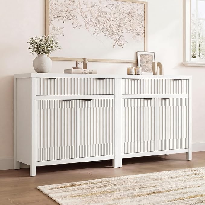 FLOWBACK Buffet Cabinet with Storage,Modern Credenza with Fluted Doors & Shelves Coffee Bar Media Console Accent Cabinets for Living Room, Entryway (White, 2 Door + 1 Drawer(2 Piece))