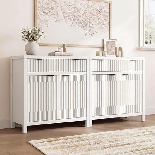 FLOWBACK Buffet Cabinet with Storage,Modern Credenza with Fluted Doors & Shelves Coffee Bar Media Console Accent Cabinets for Living Room, Entryway (White, 2 Door + 1 Drawer(2 Piece))