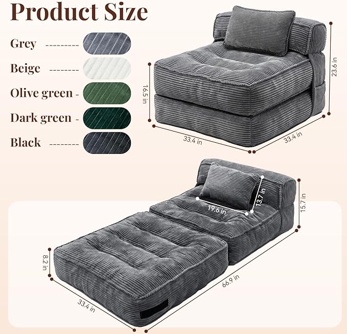 Folding Sofa Bed, Convertible Sleeper Chair with Pillow Foldable Mattress with Back Support, Portable Fold Out Chair Bed Comfy Floor Couch Lounge for Living Room Bedroom Apartment Single