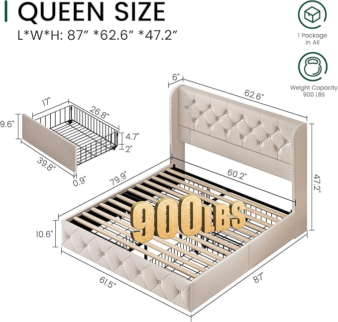 LARMACE Queen Size Bed Frame with 4 Storage Drawers and 47.2" Tall Tufted Headboard Linen Upholstered Platform Bed Frame Wingback Beds with Wooden Slats Support, Easy Assembly, Beige