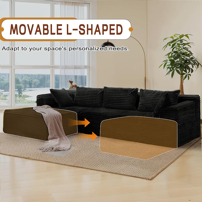 Korser 110" L-Shaped Modular Sectional Sofa with Chaise, Boneless Comfy Corduroy Fluffy Couch with Deep Seat and Side Pockets, Flexible Module Combination for Living Room, No Assembly, Side Pockets