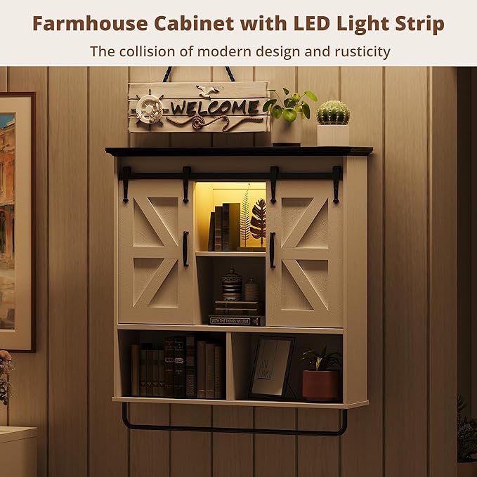 IRONCK Bathroom Wall Cabinet, Farmhouse Medicine Cabinet with Sliding Barn Door and LED Lights, Storage Cabinet Wall Mounted with Adjustable Shelves & Towel Bar for Bathroom, Kitchen, White