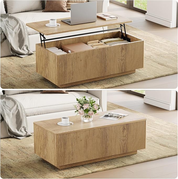 FABATO Mid Century Modern Coffee Table, Wooden Fluted Center Table with Large Hidden Compartment, 41.7” Rectangle with Round Corners, Lift Up Farmhouse Wood Table for Living Room, Home Office, Wood