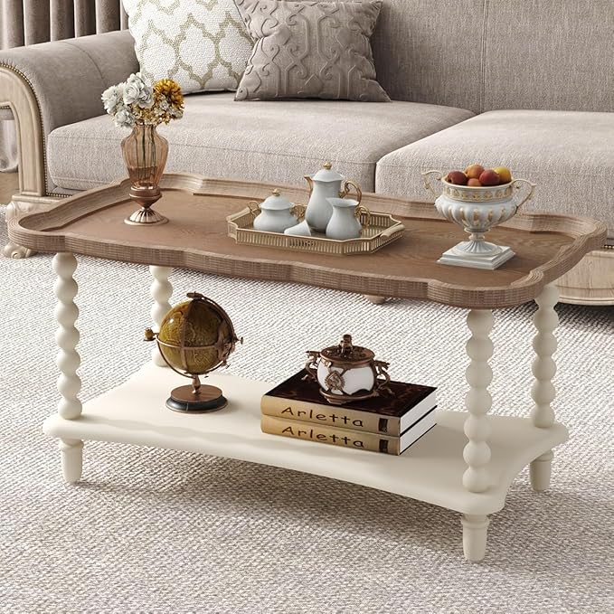 Function Home Farmhouse Coffee Table, 2-Tier Center Table with Storage Shelf, 39.8" French Country Rectangle Accent Table with Natural Tray Top and Spindle Legs for Living Room Balcony, Antique White