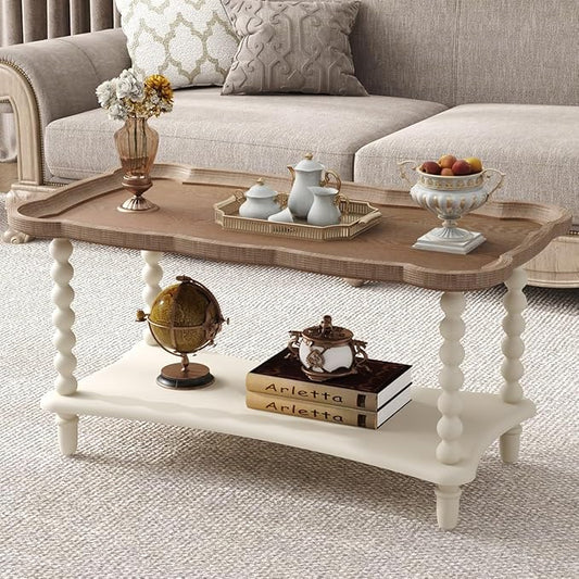 Function Home Farmhouse Coffee Table, 2-Tier Center Table with Storage Shelf, 39.8" French Country Rectangle Accent Table with Natural Tray Top and Spindle Legs for Living Room Balcony, Antique White