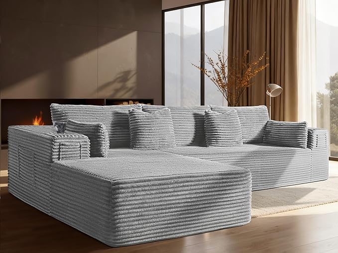 108" Oversized Cloud Sectional Couch, Comfort L Shaped Boneless Couch for Living Room, Extra Deep Seats No Assembly, Minimalist Modular Sofa, Corduroy (Light Grey, 2 Seater+Left Facing Chaise)