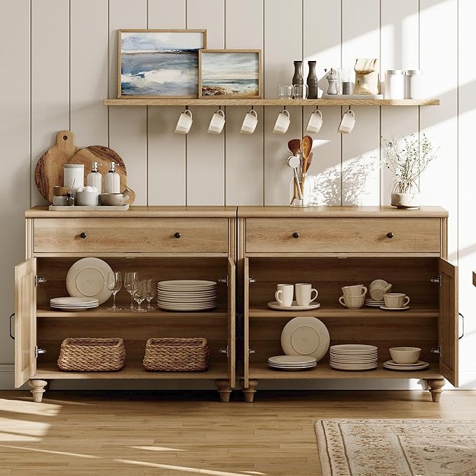 WAMPAT Large Buffet Cabinet with 8 Doors and 4 Drawers, Modern Coffee Bar Table Wood Kitchen Storage Cabinets, Farmhouse Sideboard Credenza for Dining Room, Oak, 134 inch