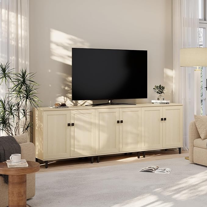 FENSULN Buffet Sideboard Cabinet Farmhouse Modern 3 in1 Storage Cabinet with Adjustable Shelves for Kitchen, Coffee Bar, Living Room, Beige