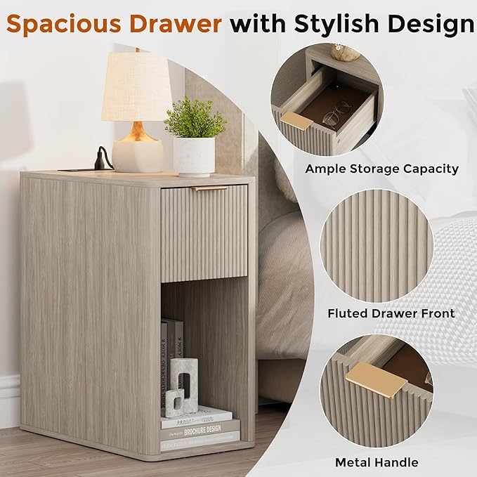 Homleke Narrow End Table with Fluted Drawer and Charging Station, Small Nightstand with USB Ports & Outlets, Bedside Table for Bedroom or Living Room, Modern Accent Table, Light Gray Oak