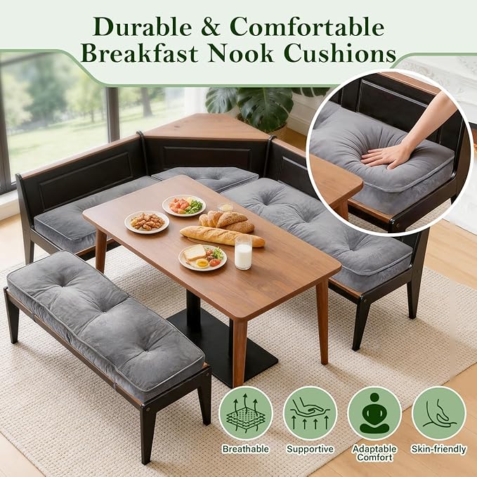 4 Piece Breakfast Nook Cushions Kitchen Corner Nook Cushion Set Shredded Foam Support 3 inch Thick Bench Seat Cushion Pad for Dining(Gray)
