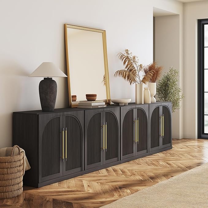 BELLEZE Set of 2 65" Sideboard Cabinet with Double-Arc Wood Doors, Large Buffet Cabinet with Storage and Adjustable Shelves, Classic Modern Console Table for Dining Room Living Room Entryway (Ebony)